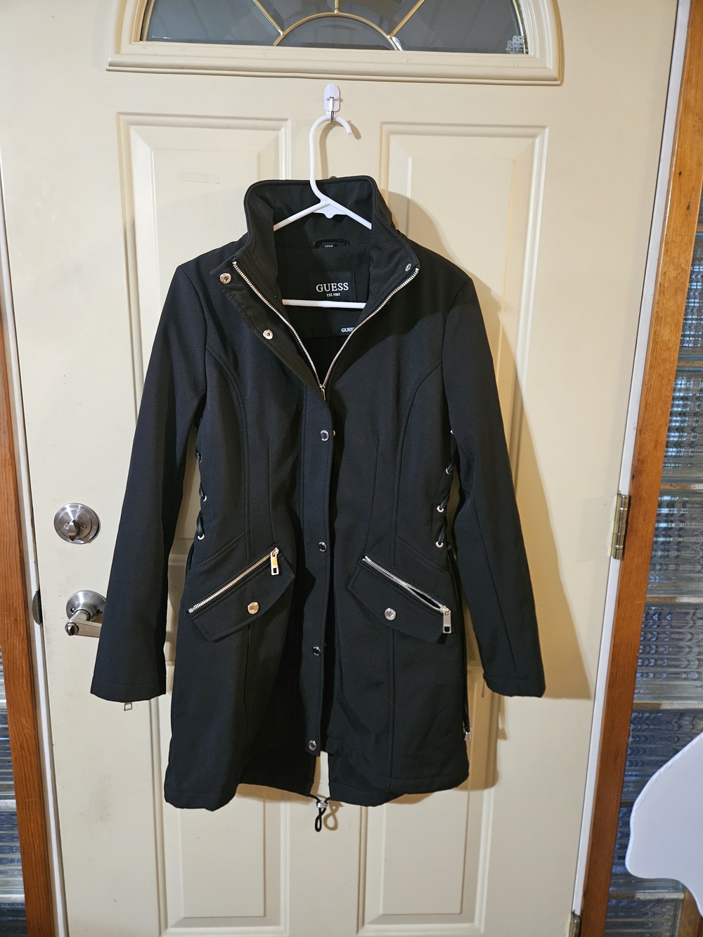 GUESS Black Long Trench Coat with Silver Hardware